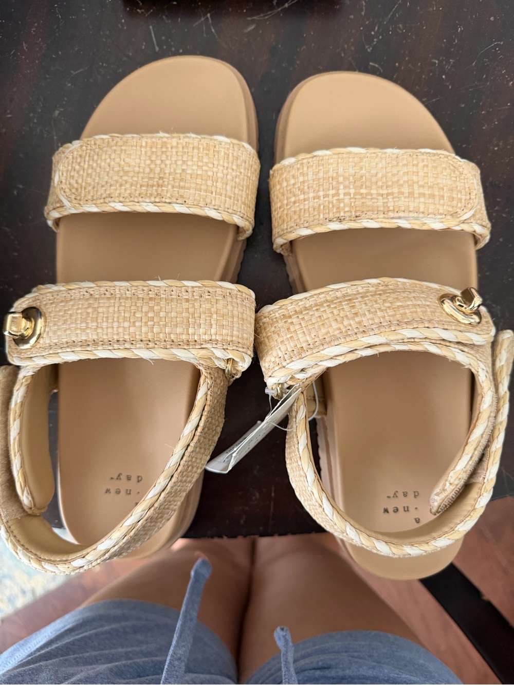a new day women’s Natural Raffia Double-Strap Sandals - Tan
